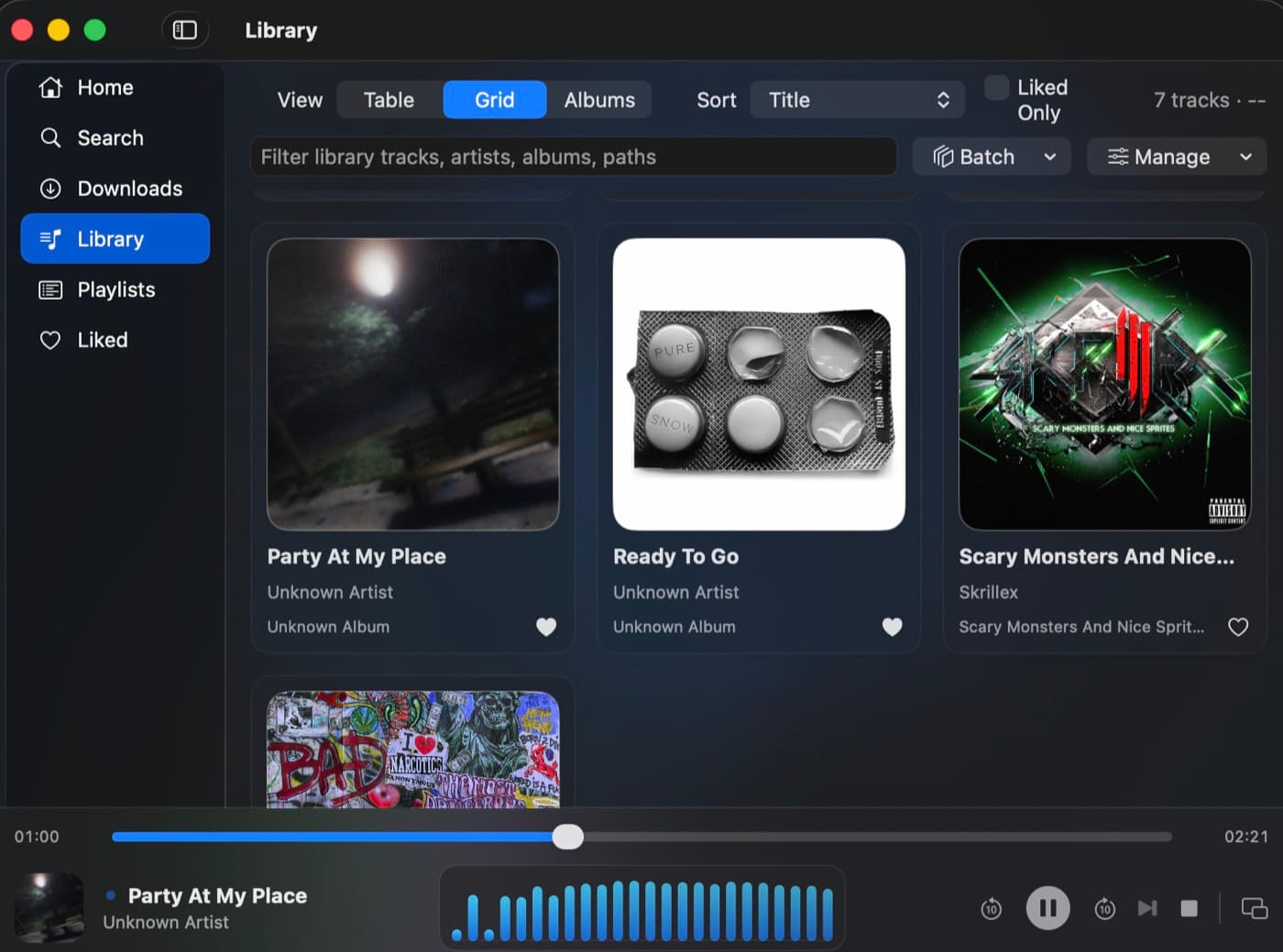 Swifotine playlist view with generated artwork and queue controls