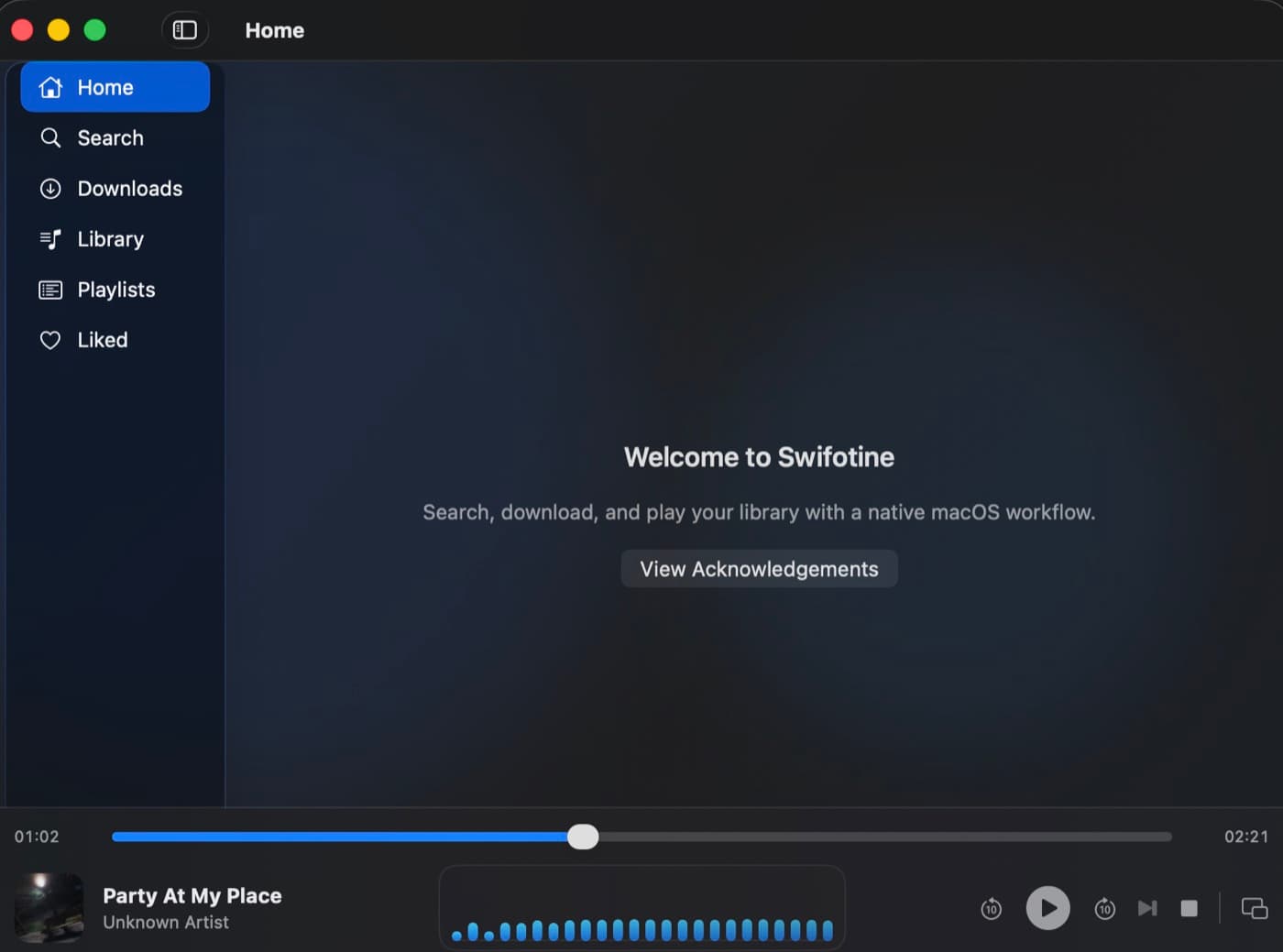 Swifotine home screen with sidebar navigation and acknowledgements entry